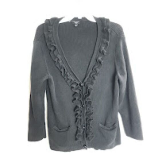 Talbots Black Ribbed Knit Ruffled Front Button Down Cardigan Sweater Medium P. - Picture 1 of 8